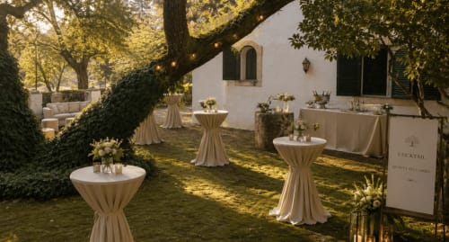 Elegante espaço de evento ao ar livre no Quinta Do Carril com mesas coquetel, linhos brancos e luz dourada do entardecer