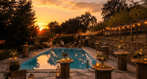 Vista do pôr do sol na piscina iluminada da Quinta Do Carril com luzes decorativas douradas, assentos em madeira e paisagem rural portuguesa