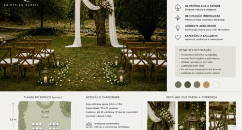 Cerimônia de casamento ao ar livre na Quinta do Carril com cadeiras de madeira, cortinas brancas e decorações florais sob árvores