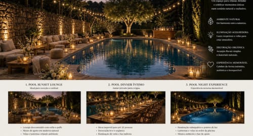 Elegante local para eventos à beira da piscina na Quinta Do Carril com áreas de lounge iluminadas por velas, serviço de jantar e iluminação noturna