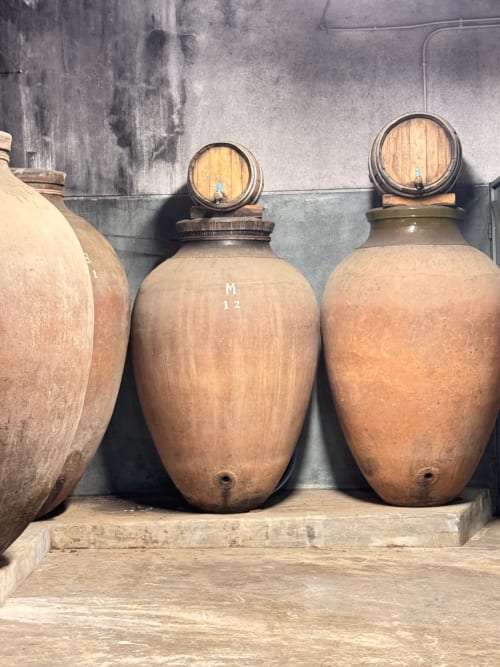 Ânforas de terracota com tampos de madeira na Quinta Do Carril, quinta vinícula portuguesa e casa de hóspedes