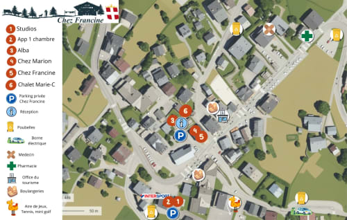 Plan de l'hôtel Chez Francine à Notre-Dame-de-Bellecombe montrant l'emplacement des chambres, parkings, équipements et services.