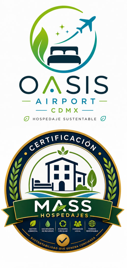 Logos del albergue Oasis Airport CDMX mostrando certificación de hospitalidad sostenible y hospedaje ecológico en la Ciudad de México