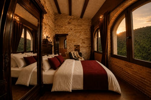 Luxury bedroom at Fortaleza Medieval La Manyosa with stone walls, exposed beams, sunset views of Barcelona countryside