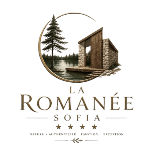 Logo de l'hôtel de luxe La Romanée Sofia avec un pavillon en pierre au bord du lac et sapin à Rosiers-d'Égletons, France