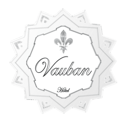 Logo de l'Hôtel le Vauban avec fleur de lys et bordure ornementale, Carentan France
