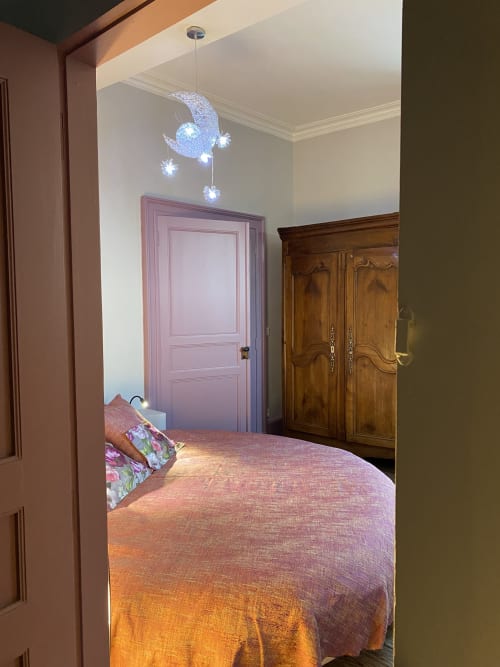 Chambre Clair de lune bedroom at Le Clos Saint Maurin B&B, Saint Maurin, with moon pendant light and wooden wardrobe