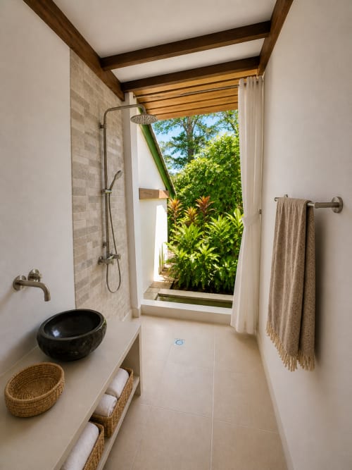 Salle de bains moderne à Fare Tihi Moana avec douche pluie, vasque en pierre noire, poutres en bois et vue sur jardin tropical