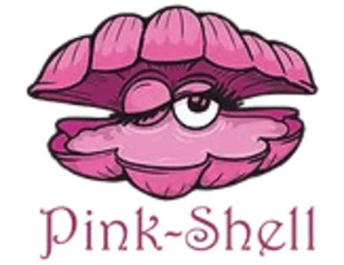 Logo da pousada Pink-Shell com um simpático personagem de concha rosa sorridente, Santiago de Riba-UI