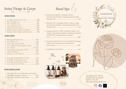 Menu des soins spa À l'Heur d'Eau pour Ô Rêve De Gabriel, Coly St Amand : soins du visage, du corps et massages relaxants