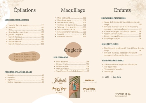 Menu beauté et bien-être de Ô Rêve De Gabriel B&B à Coly St Amand, France proposant épilations, maquillage et services enfants