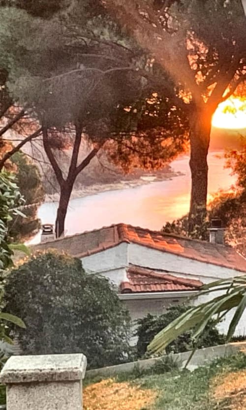 Vista del atardecer sobre el lago desde la terraza de la casita Las Casitas de Noe, Layos España, con árboles y jardín
