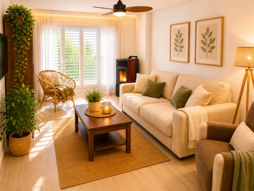 Luminosa sala de estar de cabaña con sofá crema, silla de mimbre, mesa de madera, plantas, chimenea y terraza con vistas al lago