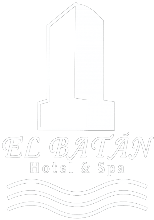 Logo del Hotel & Spa El Batán, dibujo minimalista de una construcción con techo a dos aguas y líneas onduladas de agua debajo