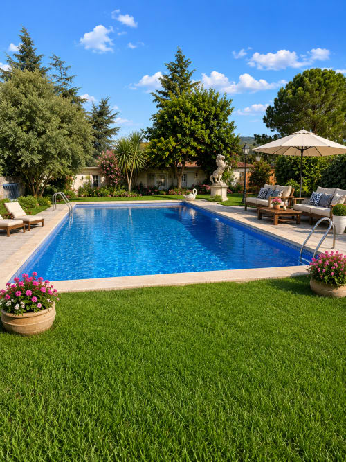 Lujuosa piscina de Las Casitas de Noe en Layos, España con tumbonas, sombrilla, jardines cuidados y villa de fondo