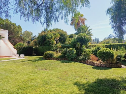 Jardim luxuriante com gramado bem cuidado, palmeiras e sebes no apartamento Algarve Beach Holidays em Portugal