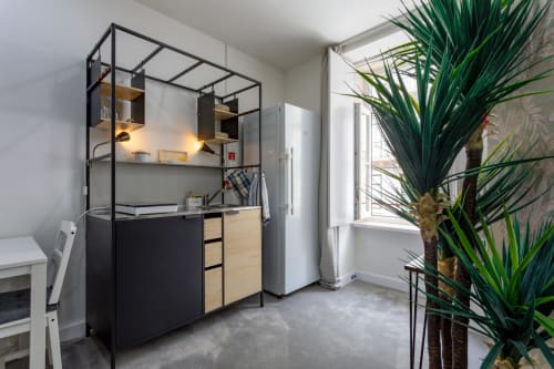 Modern studio apartment at Lisbon Poets Inn with loft bed, kitchenette, and large potted plant