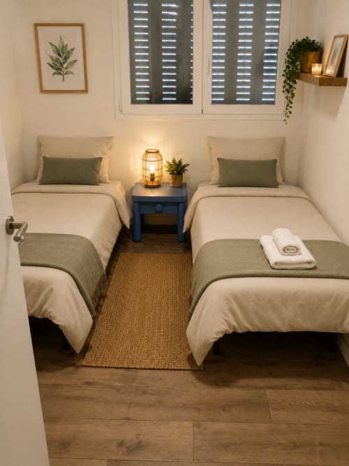 Dos camas gemelas con ropa de cama color crema en la Casa del Lago de Las Casitas de Noe, Layos, con mesita azul y vista al lago
