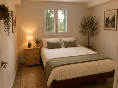 Acogedora habitación en Las Casitas de Noe con cama queen, mesita de noche de madera, lámpara, planta en maceta y vistas al lago