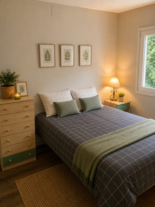Acogedora habitación en cabaña Las Casitas de Noe con cama matrimonial, muebles de madera e iluminación cálida con vista al lago