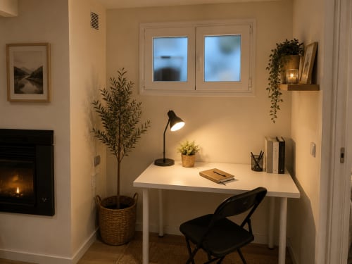 Acogedora zona de trabajo en Las Casitas de Noe con escritorio, silla negra, lámpara de escritorio, planta en maceta, chimenea y grandes ventanales