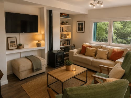 Amplia sala de estar en la cabaña Las Casitas de Noe con sofá beige, sillones verdes, chimenea y vistas al lago