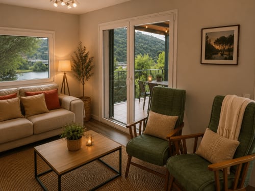 Elegante sala de estar con vista al lago en la cabaña Las Casitas de Noe, sofá beige, sillones verdes, mesa de madera y balcón panorámico