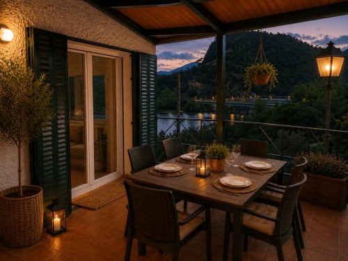 Cena vespertina en la terraza de Las Casitas de Noe, Layos, con vistas a la montaña y mesa iluminada con velas