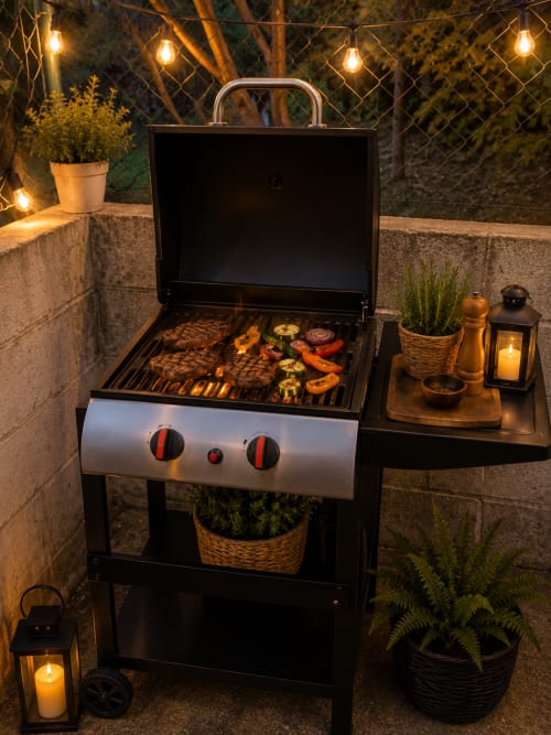 Zona de asado nocturna en Las Casitas de Noe con parrilla portátil, luces decorativas y plantas ornamentales
