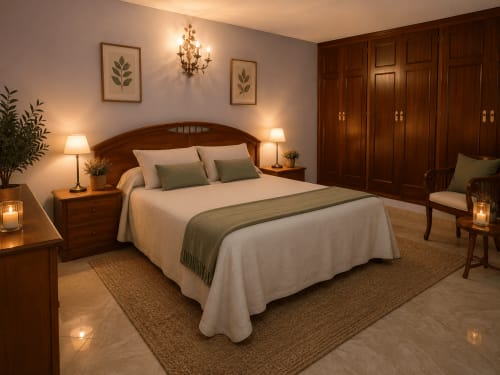 Dormitorio elegante en la casita Las Casitas de Noe, Layos, con cama de madera, vista al jardín, iluminación cálida y baño privado