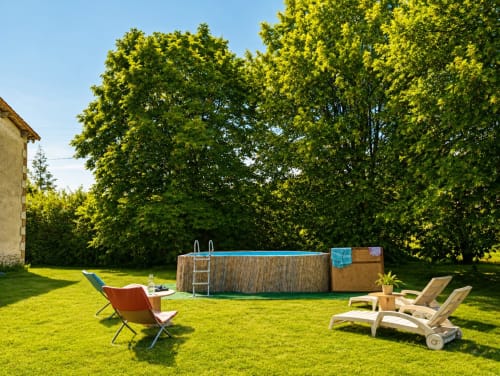 Gite près du Puy du Fou jardin ensoleillé du Château de Bellevue avec piscine hors sol, transats à Sainte-Cécile