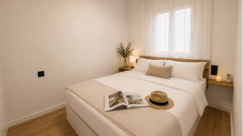 Dormitorio luminoso en Gran Reserva Sea Breeze, Empuriabrava, con cama queen, cabecero de madera, vistas a la ciudad y decoración minimalista