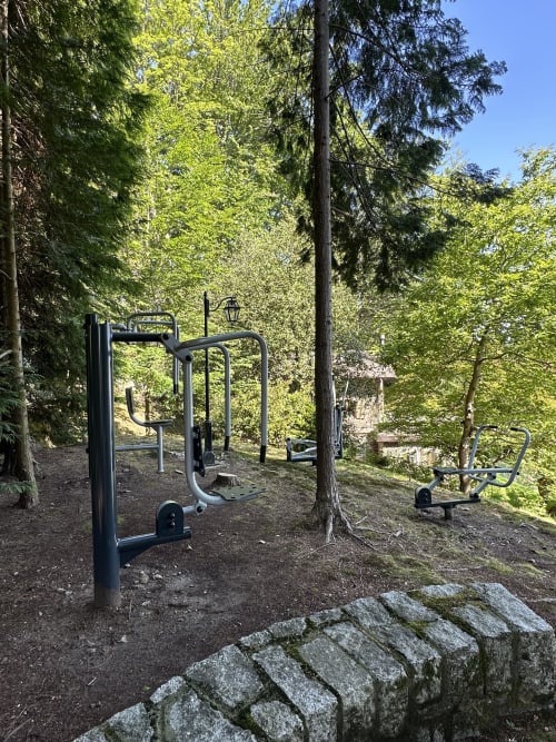 Outdoor fitness equipment in forested wellness area at luxury Stresa spa retreat overlooking Lake Maggiore