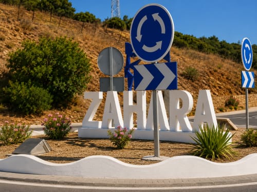 Znak powitalny Zahary de los Atunes ze wskazówkami drogowymi w krajobrazie wzgórz, Torremolinos Hiszpania