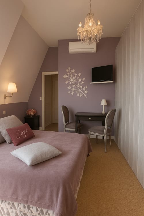 Chambre élégante aux tons pastel chez Maunoury Citybreak Chartres : murs violets, lustre en cristal, bureau et téléviseur écran plat