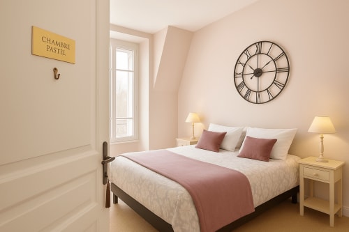 Chambre Pastel au Maunoury Citybreak de Chartres : élégante chambre avec lit queen-size, décoration pastel, horloge, lampes et vue sur la ville