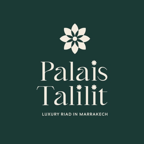 Palais Talilit luxury riad logo with flower motif on teal background, Marrakech hotel branding