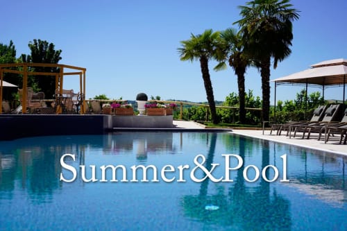 Luxury poolside terrace at Agorà Calamandrana hotel with palm trees, loungers, and vineyard views in Piedmont Italy