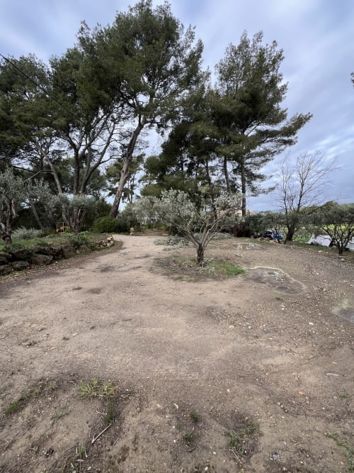 Sentier rustique du jardin à la Mas Misajail B&B du Castellet, bordé d'arbres matures et paysage méditerranéen