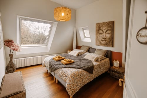 Chambre lumineuse sous les toits à Maunoury Citybreak Chartres avec puits de lumière, suspension tressée et vue sur le jardin
