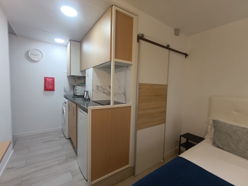 Estudio compacto en Sevilla con cocina integrada, cama y baño moderno separados por puerta corredera