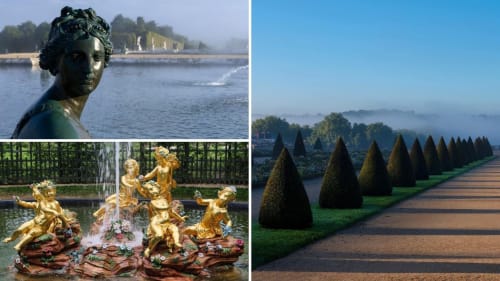 Les jardins du Palais de Versailles avec ses statues dorées et son allée emblématique bordée de topiaires