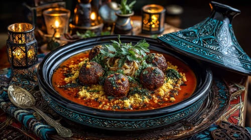 Tajine marocain aux boulettes de viande au Palais Talilit, Marrakech, avec sauce épicée et couscous