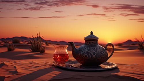 Théière ornementale et verre de thé au coucher de soleil dans le désert de Marrakech, Palais Talilit