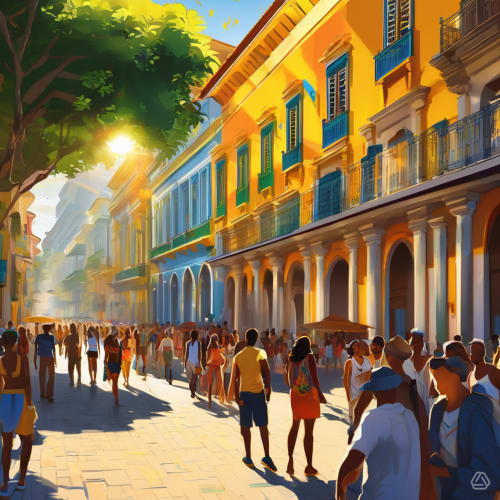 Rua colonial colorida no Rio de Janeiro com edifícios amarelo vibrante, persianas azuis e multidões de pessoas aproveitando o ambiente