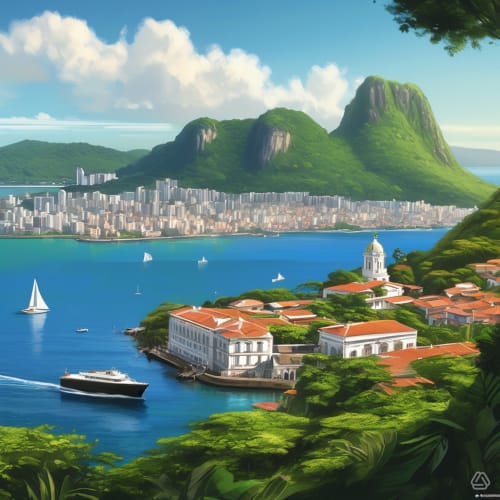 Vista costeira do Rio de Janeiro com montanhas exuberantes, edifícios coloniais com telhados vermelhos, veleiros e horizonte da cidade