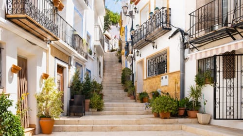 Encantador callejón encalado en Wellhome Alicante con macetas, barandillas de hierro decorativo y escalones de piedra en España