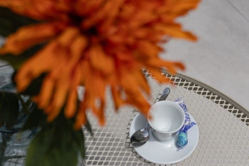 Orange flower in vase beside white teacup with saucer at Pescara INN Beach House apartment