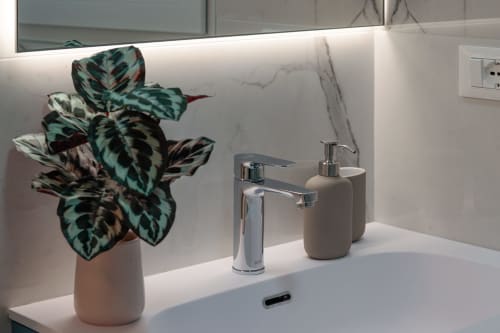 Modern bathroom vanity at Pescara INN with potted plant, chrome faucet, and beige accessories against marble backsplash
