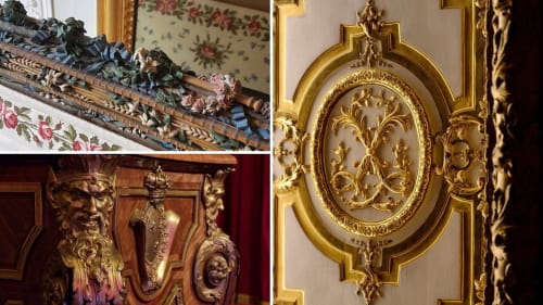 Décoration murale dorée et ornée, détails en bois sculpté à la chambre d'hôtes Denis & Virginie à Versailles